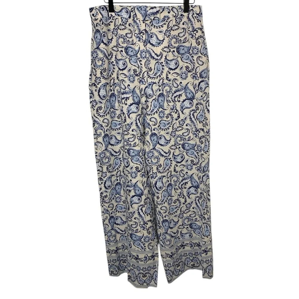 NWT Zara Blue & Cream Women’s XL Linen Blend Wide Leg Floral Paisley Pants